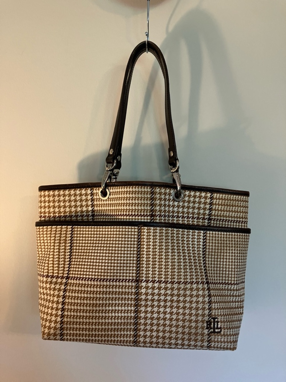 Lauren Ralph Lauren Brown and Cream Houndstooth Tote